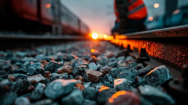 Railway Maintenance Worker Inspecting Tracks at Sunset Close Up.