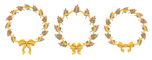 Set of Circle wreath with autumn leaves and bow. Round foliage border isolated on white background. Fall colored sheets with yellow ribbon in frame. Vector illustration for banners, cards, sale