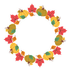 Pumpkin wreath isolated on white background.  Autumn foliage frame. Fall design. Thanksgiving border. Circular frame with seasonal leaves. Vector illustration for invitations, labels, packaging, cards