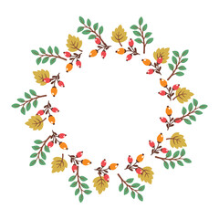 Fall leaves round frame isolated on white background. Circular border design with seasonal foliage. Vector flat illustration for invitations, labels, packaging, cards