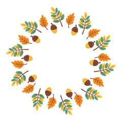 Fall leaves round frame isolated on white background. Circular border design with seasonal foliage. Vector flat illustration for invitations, labels, packaging, cards