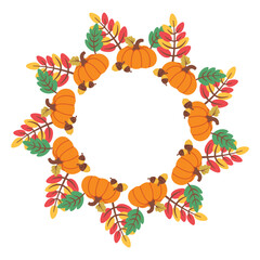 Pumpkin wreath isolated on white background.  Autumn foliage frame. Fall design. Thanksgiving border. Circular frame with seasonal leaves. Vector illustration for invitations, labels, packaging, cards