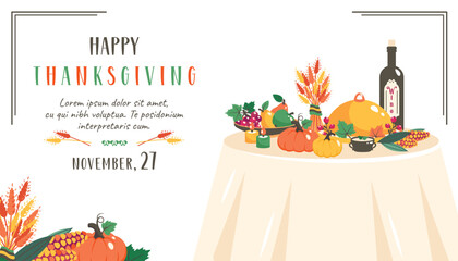 Thanksgiving table. Greeting card with autumn elements, harvest, wine, pumpkins, corns, fruits. Thanksgiving dinner template. Festive Fall frame. Vector flat illustration