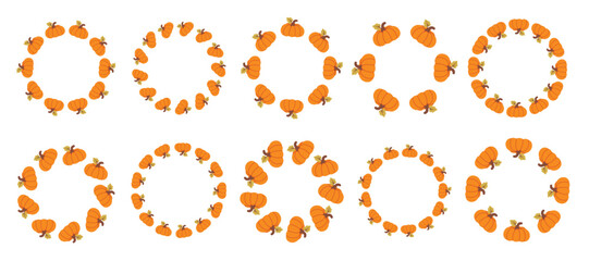 Set of Pumpkin wreath isolated on white background. Round Pumpkin frames template. Autumn design. Thanksgiving frame. Halloween border.  Vector illustration for invitations, labels, packaging, cards