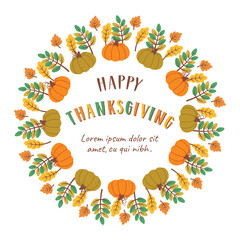 Thanksgiving wreath. Pumpkin frame isolated on white background. Autumn foliage border. Circular Fall design with seasonal leaves. Vector illustration for invitations, labels, packaging, cards