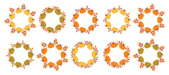 Set of Pumpkin wreath isolated.  Autumn foliage frame. Fall design. Thanksgiving borders collection. Round frames with seasonal leaves. Vector illustration for invitations, labels, packaging, cards