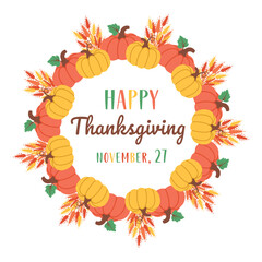 Thanksgiving wreath. Pumpkin frame isolated on white background. Autumn foliage border. Circular Fall design with seasonal leaves. Vector illustration for invitations, labels, packaging, cards