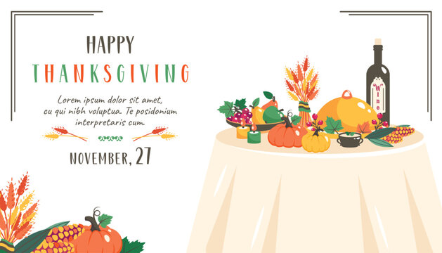 Thanksgiving table. Greeting card with autumn elements, harvest, wine, pumpkins, corns, fruits. Thanksgiving dinner template. Festive Fall frame. Vector flat illustration - Powered by Adobe