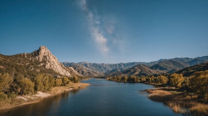 Obraz premium Beautiful landscape photograph featuring a lake, mountains and the night sky