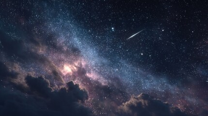 Fototapeta premium Stunning Night Sky with Milky Way, Stars, Clouds and a Beautiful Meteor