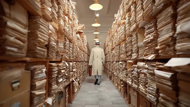 The Archivist's Passage: A figure in a long coat, hat, and briefcase navigates the narrow corridor of a vast archive, a testament to the weight of knowledge and the importance of preservation.