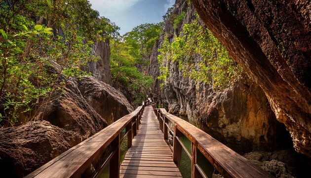 wooden bridge in the narrow gorge is a walking trail for nature tourism at thale nai on koh mae ko island in mu ko ang thong national park surat thani thailand