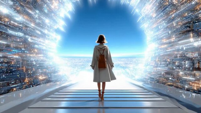 Woman Walking to the Light: A woman embarks on a journey toward an illuminating portal of light, hinting at limitless possibilities and exploration. She walks toward a future.
