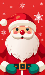 Christmas greeting card with Santa Claus. Xmas Holiday cartoon character. Merry Christmas and Happy New Year on a red background design with cute Santa Claus for sticker, poster, banner, clipart