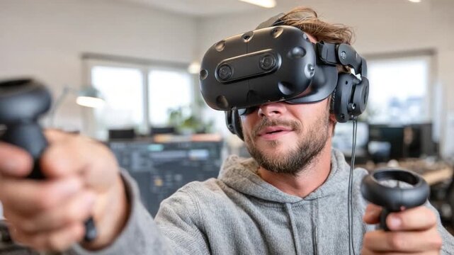 Immersed in Virtual Reality: A man fully engaged in a VR experience, holding controllers and exploring a digital world. Reflecting the cutting edge of technology.