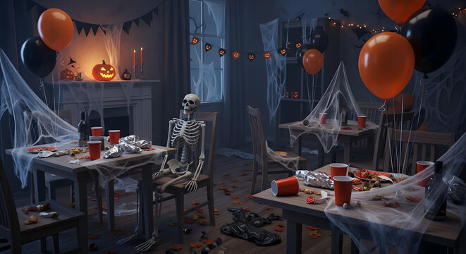 Spooky Halloween Party: A haunting Halloween party scene unfolds, with festive decorations, eerie ambiance, and the presence of a skeletal guest, creating an atmosphere of spooky fun.