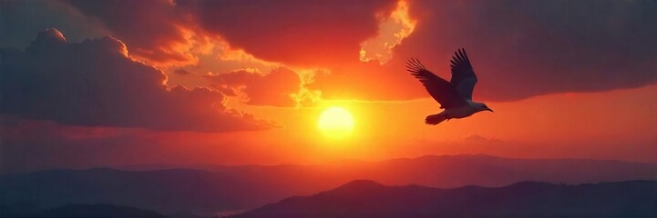 Solitary Bird Silhouette at Fiery Sunset A Breathtaking Image of Freedom and Isolation
