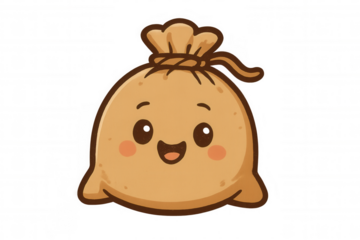 Cute cartoon money bag character smiling, saving cash, cheerful financial happiness, bounty, and wealth concept