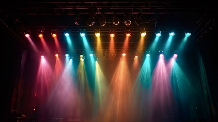Concert stage featuring multiple spotlights projecting vibrant colorful light beams through atmospheric smoke, creating an exciting atmosphere for a live performance