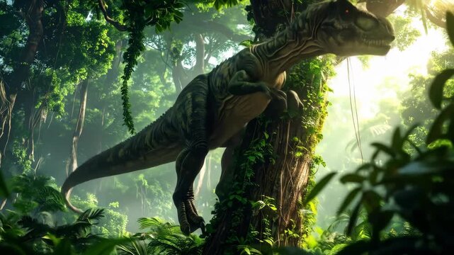 Realistic Dinosaur in Lush Jungle Environment with Sunlight.