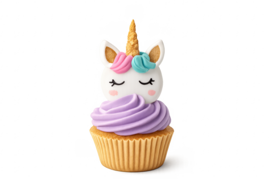 Unicorn cupcake with purple frosting representing fantasy and celebration