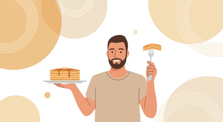 Cheerful Man Shows off Delicious Pancakes for Breakfast, Brunch, or a Special Dish