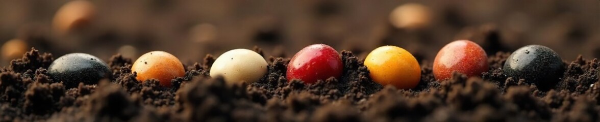 Planting Seeds Close-Up of Diverse Seeds in Dark, Fertile Soil, Ready for Spring Gardening