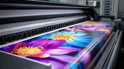 Industrial wide format printer head moving across a sheet, producing a vibrant, colorful floral pattern on a flexible surface, showcasing modern digital printing technology