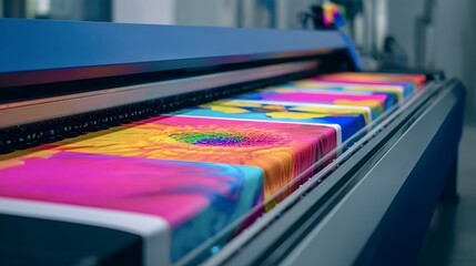 Large format industrial printer applying colorful digital designs onto fabric, showcasing modern textile manufacturing technology and innovation in producing vivid patterns