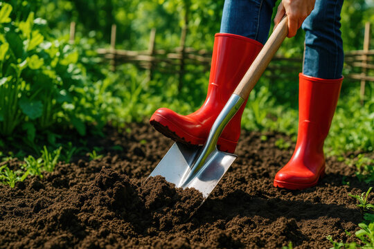 A Gardener Tending to Soil with a Shovel in Bright Red Boots Surrounded by Lush Green Plants and Vegetables, Emphasizing Sustainability and Growth