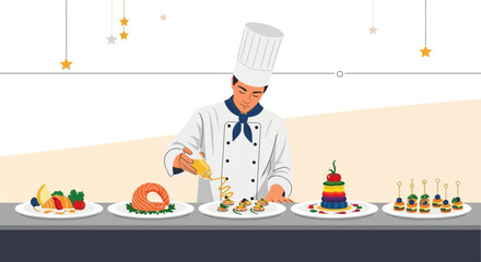 Chef meticulously plating a variety of gourmet dishes using a decorative garnish carefully on a service counter