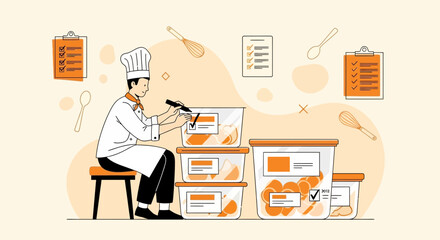 Chef Organizing Food Containers With Checklists Ready Prepare Delicious Dishes Efficiently