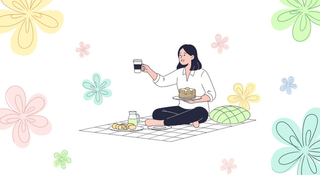 Cheerful Woman Enjoys Breakfast Outdoors Among Gentle Floral Decorations Scene