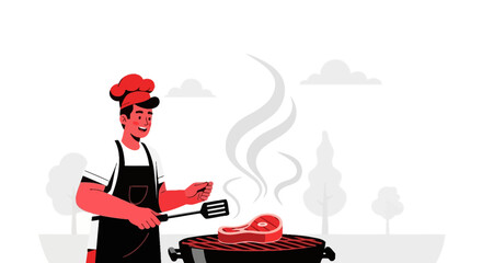 Chef preparing a delicious steak on the grill in a sunny and outdoor environment