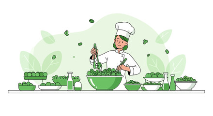 Chef Preparing a Fresh Salad in a Green Bowl with Culinary Expertise and Healthy Eating