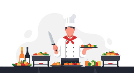 Chef Preparing A Gourmet Banquet Featuring Fresh Produce and Exquisite Culinary Artistry