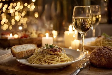 Italian spaghetti on white plate with bread and wine glass, creating a romantic atmosphere with lit candles and warm bokeh lights for a cozy date night dinner