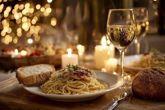 Italian spaghetti on white plate with bread and wine glass, creating a romantic atmosphere with lit candles and warm bokeh lights for a cozy date night dinner