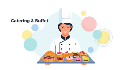 Chef Presenting Delightful Pastries, Catering Concept for Buffets, Sweet Treat Invitation