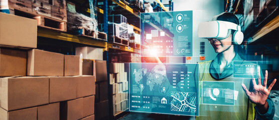 Future virtual reality technology for innovative VR warehouse management . Concept of smart technology for industrial revolution and automated logistic control .