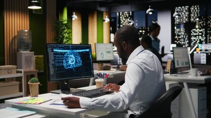 Black man analyst uses AI neural networks for data mining and optimization, working in a multinational company with automation tools. Artificial intelligence digital tools for success. Camera A. - Powered by Adobe