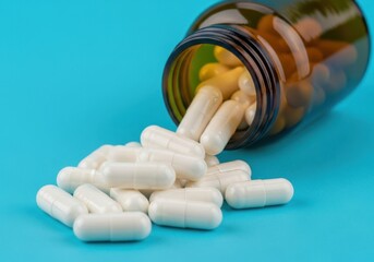White capsules spill from a brown glass bottle onto a vibrant blue background