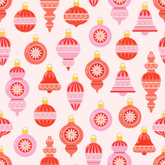 Seamless, repeating, endless pattern of retro Christmas tree decorations in shape of balls, bells, pendants, icicles. Vector illustration suitable for backgrounds, wrapping paper, textile prints.