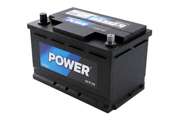 Fototapeta premium Black automotive car battery with blue power label isolated on transparent background