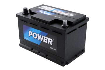 Black automotive car battery with blue power label isolated on transparent background