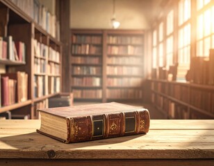 Close Up Of Old Book On Wooden Table With Sunlight Shining Through Library Windows