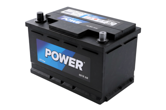 Black automotive car battery with blue power label isolated on transparent background