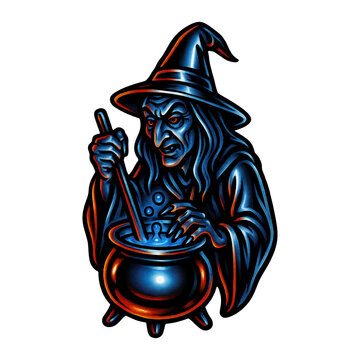 evil witch stirring cauldron, blue, halloween clip art preview