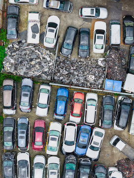 Aerial View of Scrapyard With Abandoned Cars and Metal Scrap