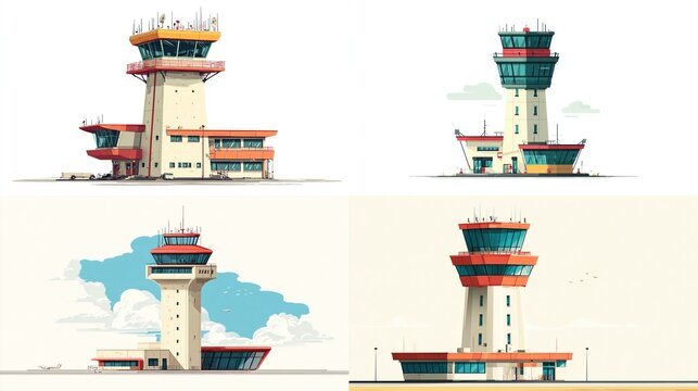 A series of stylized illustrations showcase four different air traffic control towers against white and light backgrounds